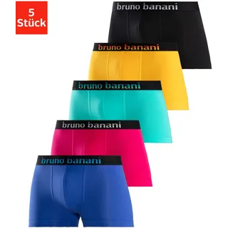 Boxer BRUNO BANANI "Boxershorts für Herren", Herren, Gr. XL, 5 Stk., bunt (blau, pink, mint, gelb, schwarz), Jersey, Obermaterial: 95% Baumwolle, 5% Elasthan, unifarben, körpernah, Unterhosen Boxer, mit Streifen Logo Webbund