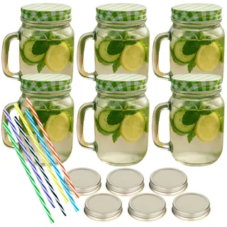 gouveo 6er Set Trinkglas 450 ml mit Henkel und Schraubdeckel (0,45 l) silberfarben + grün – Henkelglas mit Mehrweg-Trinkhalm aus Hartkunststoff für Garten, Bowle, Cocktails (TGH450SGR)