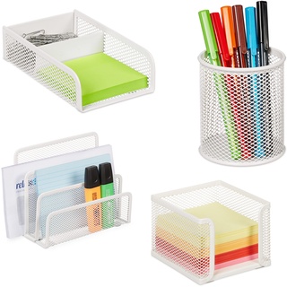 Relaxdays Schreibtisch Organizer Set, 4-tlg., Metall, Dokumentenhalter, Zettelbox, Büroklammer- & Stiftehalter, weiß