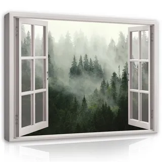 Leinwand Bilder Wald Fenster Natur Leinwandbild XXL Wandbilder Wandbild Wohnzimmer - 100x75 cm | Premium Leinwand