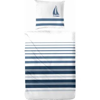 Hahn Renforcé Baumwolle Bettwäsche 2tlg. Set mit Reißverschluss, Maritim Weiss Blau Gestreift Möwen 155x220 cm + 80x80 cm - Weiß