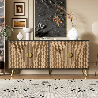 Merax Sideboard in Holzoptik mit 4 Türen und rundem Goldgriff, Kommode mit Metallbeine, Soft-Close Scharniere - Naturbelassen
