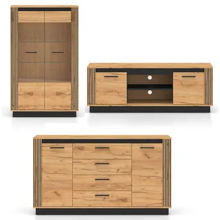 Feldmann-Wohnen Wohnzimmer-Set Urso 3-teilig Gold Craft Eiche / Schwarz , Braun, Schwarz , Holz , 5 Fächer , 4 Schubladen , 402x141x40 cm , Wohnzimmer, Wohnwände