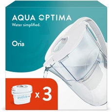 Aqua Optima Oria Wasserfilterkanne & 3 x 30 Tage Evolve+ Wasserfilterkartusche, 2,8 Liter Fassungsvermögen, zur Reduzierung von Mikroplastik, Chlor, Kalk und Verunreinigungen, Weiß