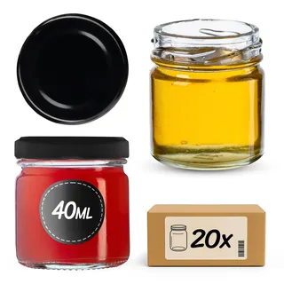 KADAX 20st Mini Gläser 40 ml mit Schraubdeckel fi 43mm, Einmachglas, Gewürzgläser mit Deckel, Sturzglas, Probiergläser, Marmeladengläser, kleine Honiggläser (20 Stück, Schwarz Deckel)