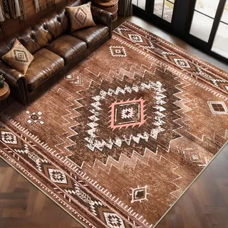 Alishomtll Teppich Läufer, Vintage Geometrisch Teppich Braun 200x280 cm | Rutschfest Kurzflor Küchenteppich, Weich Waschbar Flurläufer für Wohnzimmer Schlafzimmer Arbeitszimmer Küche Eingang