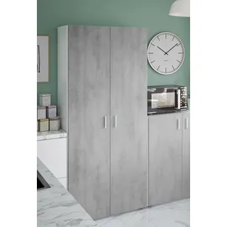 Dmora - 2-türiger Mehrzweckschrank Irvine, Hilfsschrank mit 3 Regalen, Besenhalter-Garderobe, 80 x 37 x 182 cm, Zement und Weiß