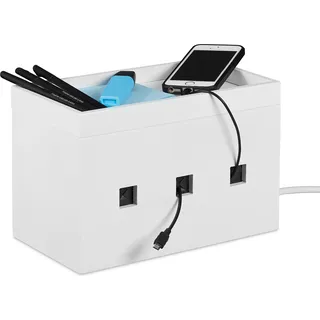 Relaxdays Kabelbox Bambus, Steckdosenleiste & Kabel verstecken, Kabelmanagement Schreibtisch, HBT 16,5x25,5x14cm, weiß - Weiß