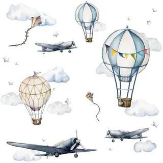 Little Deco Wandsticker Wandtattoo Kinderzimmer Jungen Flugzeug Wandaufkleber Ballon Wolken Heißluftballon Sterne Aquarell Wandbild Kinder DL707-1