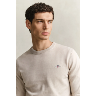 Rundhalspullover GANT "CLASSIC COTTON", Herren, Gr. M, beige (clay beige), Web, Obermaterial: 100% Baumwolle, unifarben, regular fit normal, Rundhals, eingesetzt angesetztes Bündchen, Pullover Rundhalspullover, Regular fit mit Rundhalsausschnitt