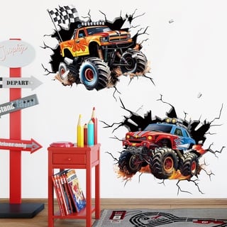 decalmile Wandtattoo 2 Stück 3D Autos Wandaufkleber Rennwagen Lastkraftwagen Junge Wandsticker Kinderzimmer Babyzimmer Spielzimmer Wanddeko