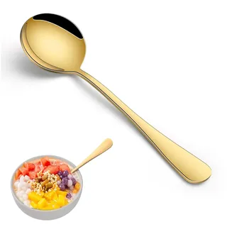 DEHOV Gold Suppenlöffel, RunderLöffel Set Edelstahl 8 Stück (18.8cm/7.4") | Müslilöffel/Dessertlöffel, Besteck Löffel Langlebig Premium-Material, Spiegelpoliert, Spülmaschinengeeignet