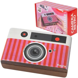 Fisura – Schmuckkästchen aus Holz “Retro-Kamera” in Rosa und Rot. Organizer für Damen. Aufbewahrung für Ohrringe, Ringe, Armbänder und Halsketten. Geschenkidee. 16,6 cm x 9,8 cm x 5 cm