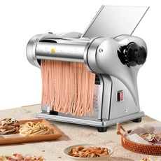 CGOLDENWALL Elektrische Nudelmaschine Frische Edelstahl-Teigausrollmaschine mit 2 Klingen von 1.5 mm Rund, 4 mm Flach und 6 Verstellbaren Dicken für Nudeln/Dumplings/Spaghetti/Ravioli