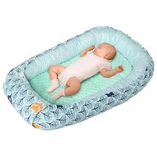 Medi Partners Babynest Nestchen für Neugeborene - 100x60x15 Babynestchen Baby zweiseitg Nest Bett 100% Baumwolle Minky Kuschelnest tragbar (Wald mit minzer Minky)