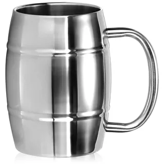 com-four® Edelstahlbecher XL - 500 ml Bierkrug aus Edelstahl 304 - Edelstahltasse - Campingtasse doppelwandig und BPA-frei - Geschenk zum Vatertag (silberfarben - Fass-Optik)