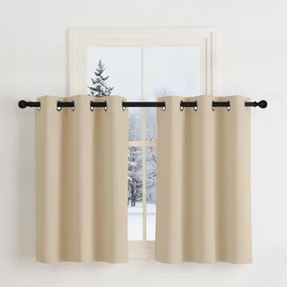 Nicetown Scheibengardinen Küche Gardine Kurz Fenster Ösenschal 2er Set, Biscotti Beige H90 x B107 cm, Verdunklungsvorhänge mit Ösen Vorhänge Beige Blickdicht Thermo Vorhang