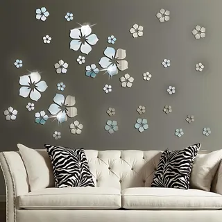 NOPVUFA 36 Stück Wandtattoo Blumen, Wandaufkleber Spiegel zum Kleben Aufkleber Acryl Silber 3D KristallBlumen Deko, Wandsticker Wanddeko Wandkunst Abnehmbar für Schlafzimmer, Wohnzimmer, Haus Deko