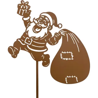 KRONLY Roststecker Weihnachtsmann mit Geschenksack 32cm – Gartenstecker Metall Deko Weihnachten – Edelrost Santa Figur für Außen – Weihnachtsdeko wetterfest