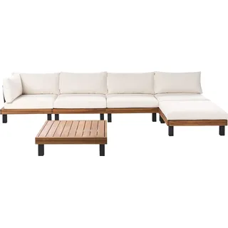 BELIANI Lounge Set Cremeweiß es Akazienholz 5-Sitzer mit Auflagen Lattenoptik Lamellenoptik Modern Garten Ecksofa mit Tisch und Ottomane - Weiß, Braun