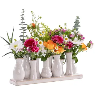 H&D Manufaktur Jinfa 1 Set aus 10 kleinen Vasen auf Sockel – handgefertigte Blumenvasen Tischdeko – Antik-Weiß