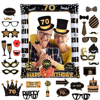 Flintronic 70.Geburtstag Deko Fotorequisiten, Schwarzes Gold Aufblasbarer Rahmen zum 70.Geburtstag und 35 Stück Foto Requisiten, Party Foto Booth Props für Partydeko, Partei Dekorationen