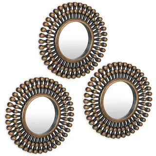 Relaxdays Spiegel 3er Set, runder Sonnenspiegel, Wohnzimmer, Flur, Dekospiegel, Ø 25 cm, Kunststoff-Rahmen, gold/schwarz
