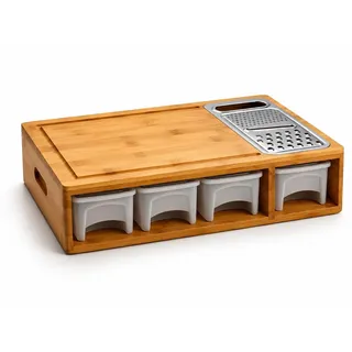 Schneidebrett Holz Bambus mit Auffangschale – Bambus Schneidebrett Set mit 4 Behältern, Reibe & Mandoline, Küchenbrett für Gemüse, Obst und Zubereitung