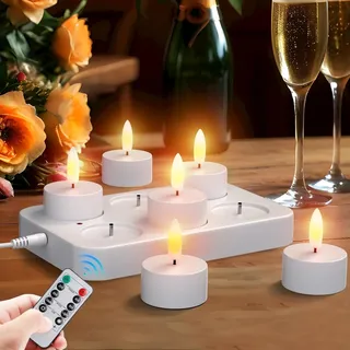 EXTSUD 6 Stück Led Teelichter mit Timer Wiederaufladbar Kerzen LED Tea Light Flammenlose Kerzen Flackern Kerzenlicht Nachtlicht Elektrische Teelichter Jugendweihe Windlicht Tischlicht Wohnzimmer Deko