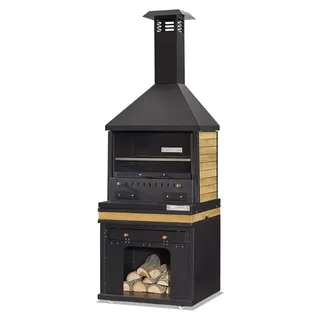 Schwarzer Grillkamin aus Holz und Edelstahl für Garten und Terrasse