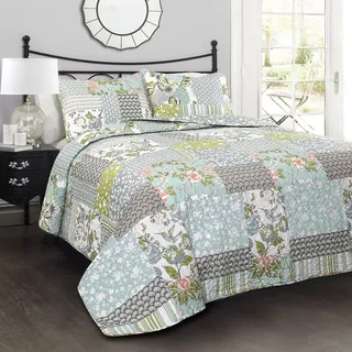 Lush Decor Roesser Quilt | Patchwork Floral Wendedruck Muster Landhausstil 3-teiliges Bettwäsche-Set - Full Queen - Blau