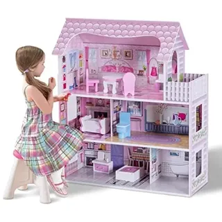 Costway Holzpuppenhaus Puppenvilla rosa