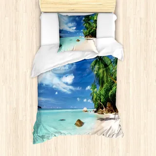 ABAKUHAUS Urlaub Mantele, Seascape Nature Jungle, Milbensicher Allergiker geeignet mit Kissenbezügen, 135 cm x 200 cm - 80 x 80 cm, Mint Green Grün Blau - Blau