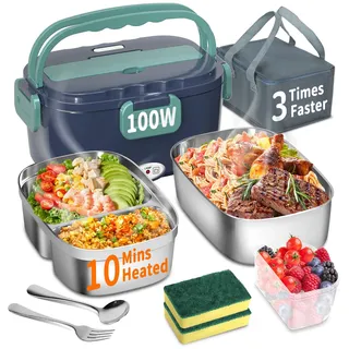 SOOOEC Elektrische Lunchbox 100W, 3-in-1 1.5L tragbare beheizte Lunchbox, Herausnehmbare Edelstahl-Brotdose, 12V/24V/220V Isolierte Wärmebox für Auto/Lkw/Büro, Mit isolierter Tasche (Zwei Behälter)