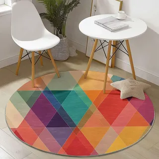 Teppich für das Wohnzimmer 60 cm- rutschfest Waschbar Rund Teppich mit Geometrisch Retro Dreiecke Design, Geeignet für Flur Esszimmer Schlafzimmer und Küche - Bunt