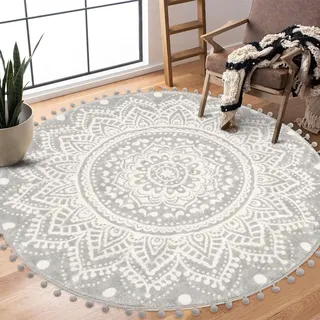 Uphome Boho runder Teppich für Wohnzimmer, 10,2 cm, runder Grauer Mandala-Teppich mit Pompons, Fransen, waschbar, niedlicher Bohemian-Akzent, Überwurf, Teppiche, rutschfest, weiche Bodenmatte für