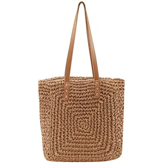 Faletony Stroh Strandtasche Flechttasche Strohtasche Groß Umhängetasche Sommer Shopper Handtasche Einkaufstasche Korbtasche für Strand Reise Einkauf (Stil 1-Hellbraun)