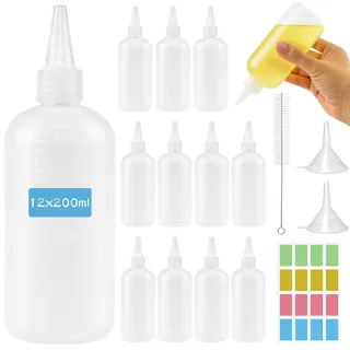 Ferenando 12 Stück Quetschflasche 200ml, Squeeze Flasche Klein, Dosierflasche 200ml, Soßenflaschen mit Reinigungsbürsten Aufkleber Trichter, Spritzflaschen für Küche Sauce, Soßen, Öle, Pigment, Liquid