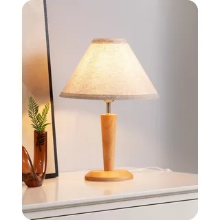 EDISHINE Tischlampe aus Holz, LED Nachttischlampe mit Lampenschirm aus Leinen, E27 Fassung, 2700K Vintage Tischleuchte für Wohnzimmer, Schlafzimmer & Büro, inkl. 4W Leuchtmittel, 34cm
