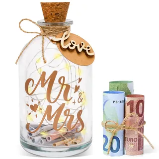 Hochzeitsgeschenke Geld Leuchtflasche für Brautpaar und Frisch Verliebte, LED Flaschenlicht Hochzeit Mr. & Mrs. Personalisiert Geldgeschenke Hochzeit Hochzeitskasse Spardose