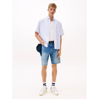 Kurzarmhemd TOMMY JEANS "TJM POPLIN RLX SS SHIRT EXT", Herren, Gr. XL, N-Gr, beige (ecru stripes), Web, Obermaterial: 100% Baumwolle, gemustert, gestreift, mehrfarbig, regular fit normal, Rundhals, eingesetzt abgesteppte Kante, Hemden Kurzarmhemd, Mit Rundhalsausschnitt, Topseller