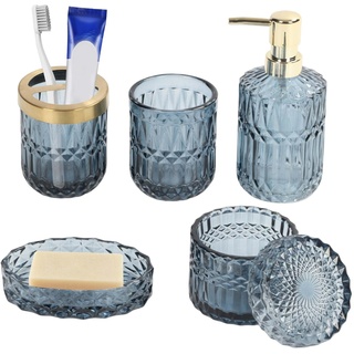 GAESHOW 5 Stück Glas Badezimmer Zubehör Set, Moderne Transparente Badset Enthalten Seifenspender, Zahnbürstenhalter, Seifenschale, Glasbecher, Behälter für Wattestäbchen (Blau-5)