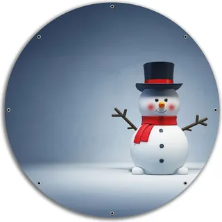 Wallario rundes Outdoor-Poster für Garten oder Balkon, Motiv Winterstimmung - Frecher Schneemann mit Zylinder und rotem Schal, 60 cm Durchmesser - Blau