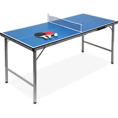 Relaxdays Unisex Jugend Midi Indoor Klappbare Tischtennisplatte, HBT: 71 x 150 x 67 cm, tragbarer Ping Pong Tisch, Netz, Bälle, Schläger, blau