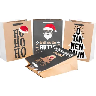 HEKU 24 XL Weihnachts-Geschenktaschen, 33x26x13cm I 4 Weihnachts-Motive X-mas Nature Trend I Inklusive Klappkärtchen I Hochwertiges Papier mit Hotfoil & Prägung I Ideal für große Weihnachtsgeschenke