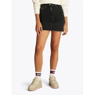 Jeansrock TOMMY JEANS "MOM SKIRT BI8080", Damen, Gr. 33, schwarz (denim schwarz), Denim/Jeans, Obermaterial: 100% Baumwolle, unifarben, normal mini, Röcke Jeansrock, in schwarzer Waschung, in Mini-Länge