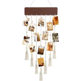 Allecto Plus – Makramee-Fotodisplay für die Wand mit Clips – Bilderrahmen für mehrere Fotos – DIY-Holz – Bilderrahmen mit Fransen.
