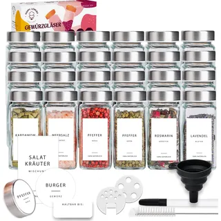 Happy Lemuro 24er Gewürzdosen Set [120ml] 301 Etiketten auf Deutsch | Gewürzgläser mit Streueinsatz, Premium Edelstahldeckeln & Zubehör - Gewürzbehälter Set, Gewürzaufbewahrung, Gewürz Organizer