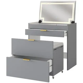 Vicco Schminkkommode Wanja Grau 80 cm mit Bank und LED Spiegel , Holzwerkstoff , 3 Fächer , 2 Schubladen , Rechteckig,Rechteckig , 80x80x46 cm , Schlafzimmer, Schminktische