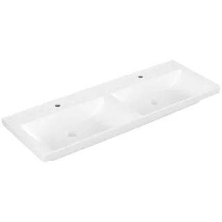 Villeroy & Boch Subway 3.0 Schrank-Doppelwaschtisch, 2 Hahnlöcher, ohne Überlauf, ungeschliffen, 1300x475mm, 4A71D1RW, Farbe: Stone White CeramicPlus